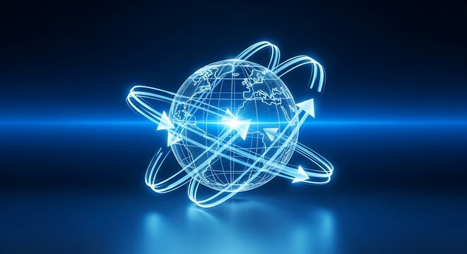A digital representation of the Earth with orbiting arrows, symbolizing global connectivity and technological advancement.