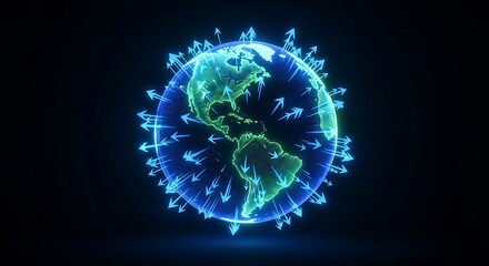 Digital Earth globe with glowing blue arrows pointing inwards, symbolizing global connection, data flow, and technological interaction across continents.