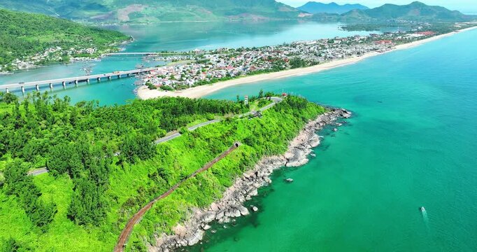 Aerial view of Lang Co bay and beach, Hai Van pass, Lap An lagoon, Hue, Vietnam. Travel and landscape concpet.