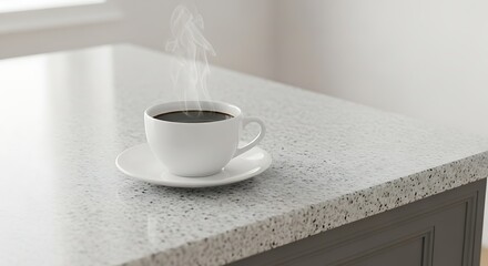 A steaming white cup of hot black coffee rests on a modern speckled kitchen countertop.