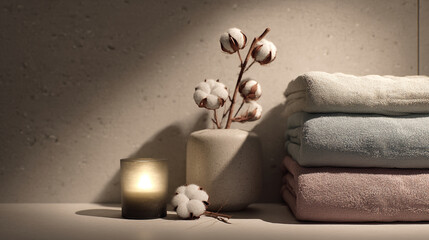 Still life of stacked towels candle and cotton plant on a white shelf