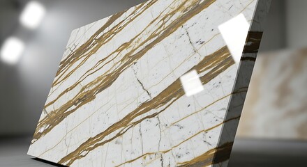 Close-up of a slab of white marble with gold veins.