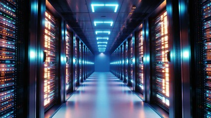 Abstract view of a modern data center with illuminated server racks showcasing vibrant blue and orange lights representing technology and digital data flow - Powered by Adobe