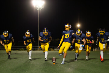 American football players kicking ball during night game