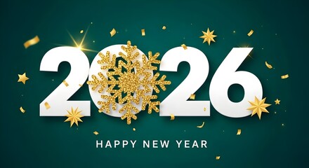 2026 Happy New Year text with golden snowflake on green background, wallpaper, 2026 New Year 