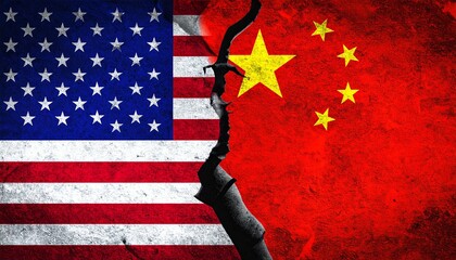 Cracked USA and China flags symbolizing geopolitical conflict and rivalry.