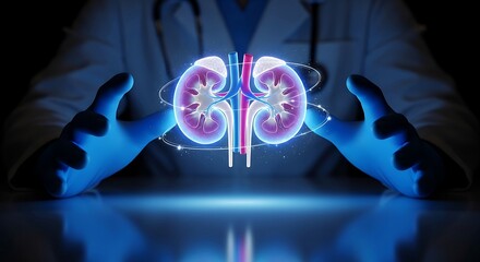 Modern digital illustration highlighting kidney health with glowing medical design, perfect for health and wellness campaigns, scientific research, and medical ads