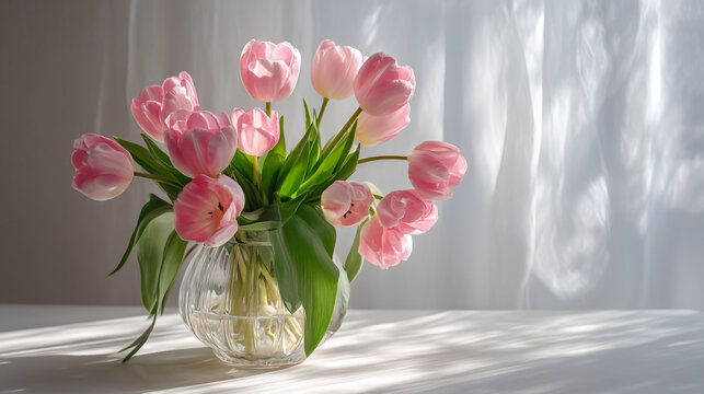 Bouquet of pink tulips in a glass vase on a white surface near window