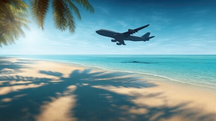 Plane flying over a tranquil beach with clear blue water and lush palm trees during a sunny day