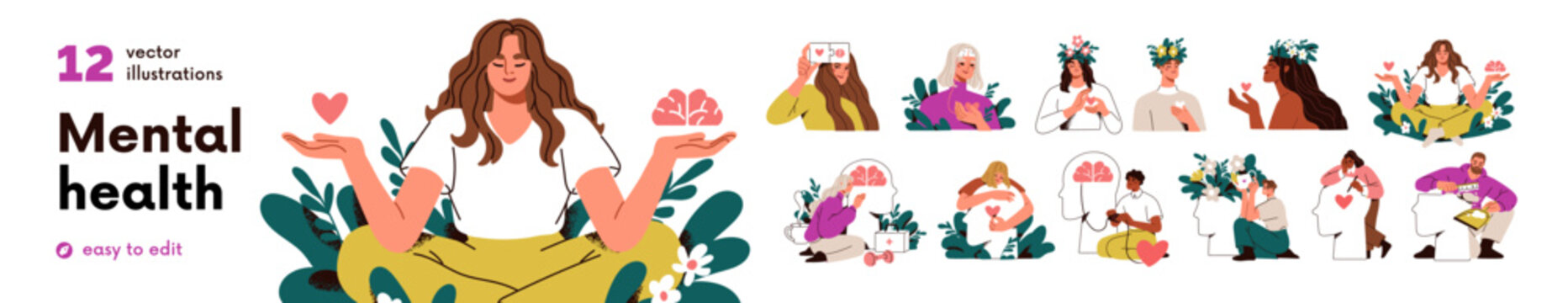 Psychology concept of mental health. Happy people with healthy mindset, self love, acceptance. Psychotherapy, mind care, wellbeing, help. Flat graphic vector illustration isolated on white background