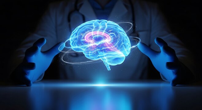 Doctor presents stunning holographic brain scan for neurological research and cutting-edge medical technology advancements in a clinical environment - Powered by Adobe