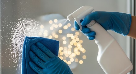 Hands in blue protective gloves cleaning a glass window with a spray bottle and a microfiber cloth.