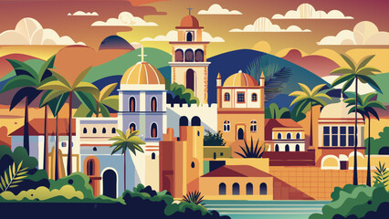 Very beautiful Santo Domingo travel poster in cinematic minimal vector style, featuring simplified colonial skyline, warm Caribbean tones, historic buildings, and clean geometric shapes creating an 