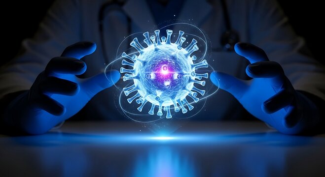 Doctor carefully analyzing virus structure with gloved hands in a technologically advanced research lab for groundbreaking medical discoveries and treatments