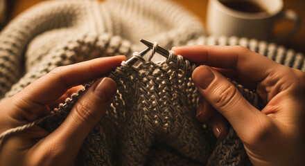 Woman knitting a cozy scarf with grey yarn at home  