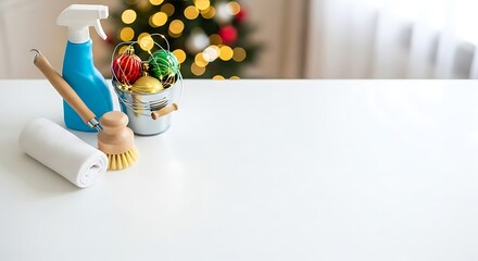 Cleaning supplies and Christmas ornaments on a white surface.