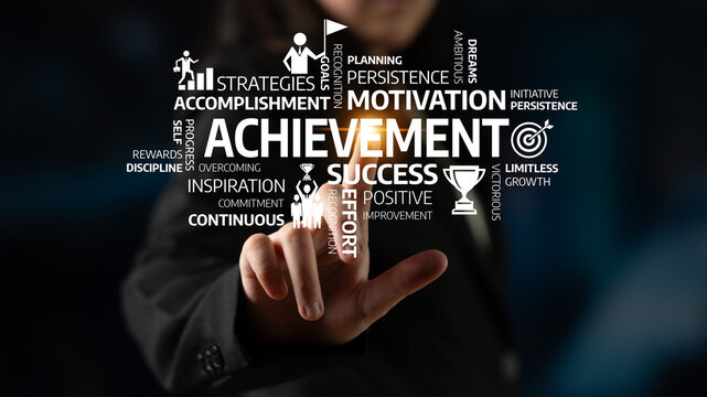 Visual representation of achievement and success illustrated with motivational words. Ideal for concepts related to personal growth and professional development. Tessel