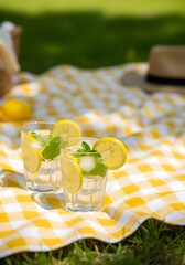 Two glasses of refreshing lemonade on a yellow and white checkered picnic blanket, capturing joyful summer vibes and outdoor relaxation