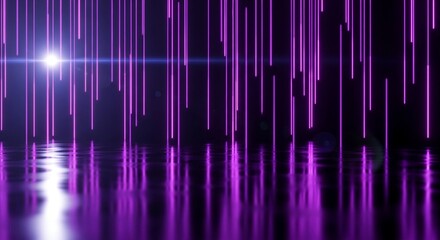 Glowing purple lines descend in a digital rain effect over a reflective surface, creating a futuristic and mesmerizing atmosphere.