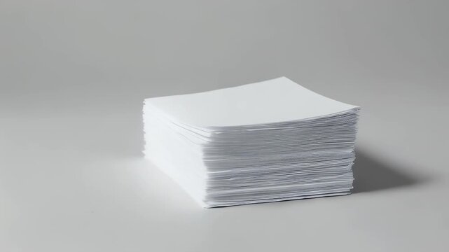 A stack of blank white sheets forms a neat pile, casting a soft shadow on a plain, gray surface