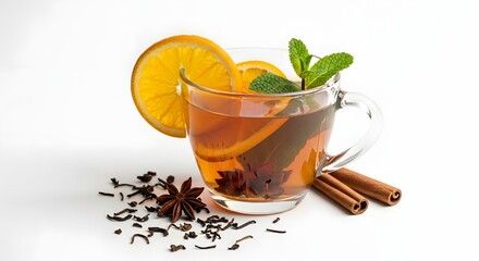 Elegant glass cup of tea with decorative elements on a clean white background, symbolizing warmth, simplicity, and refined relaxation