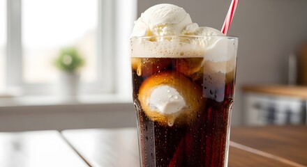 Homemade ice cream float made with cola, capturing a sweet and fizzy refreshment drink in a classic and nostalgic presentation