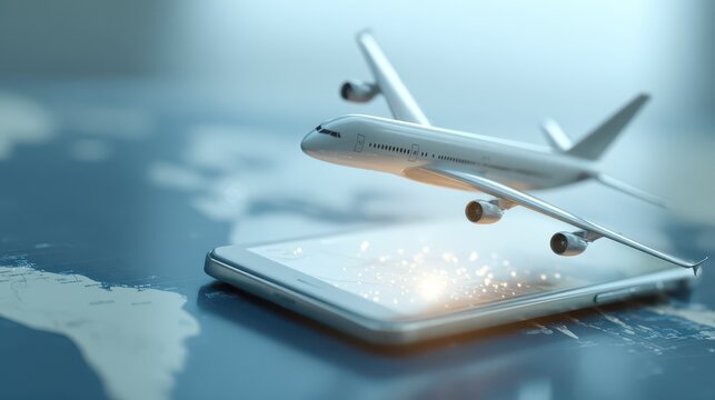 Model airplane taking off from smartphone on world map showing the connection between technology and travel in modern planning - Powered by Adobe