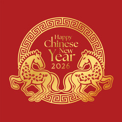 Happy chinese new year 2026 Text in chinese circle frame with gold twin horse china zodiac on red background vector design