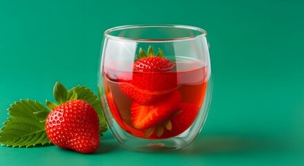 Vibrant strawberry tea served in clear glassware on a green background, symbolizing freshness, natural sweetness, and summer relaxation