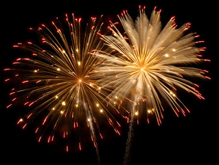 Vibrant fireworks lighting up the night sky with colorful bursts and streaks. Celebration and festivity scene.