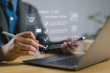 Professional reviewing digital purchase order checklist to verify procurement details, ensuring accuracy, compliance, and successful transaction in modern business operations.