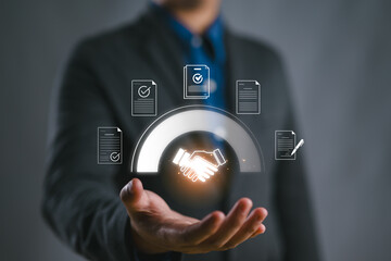 Businessman manage digital procurement process with business contract, invoice, approval documents, representing B2B sourcing, vendor management, supply chain, e-procurement.