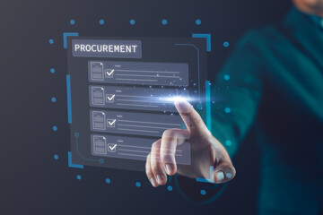Digital procurement concept with hand interacting and modern blue interface on dark background