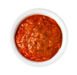 Spicy red chunky tomato sauce in bowl, transparent background