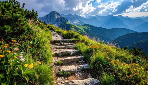 Stone Steps Trail Through Alpine Meadow Overflowing with Wildflowers Leading to Majestic Mountain Range Under a Dramatic Sky