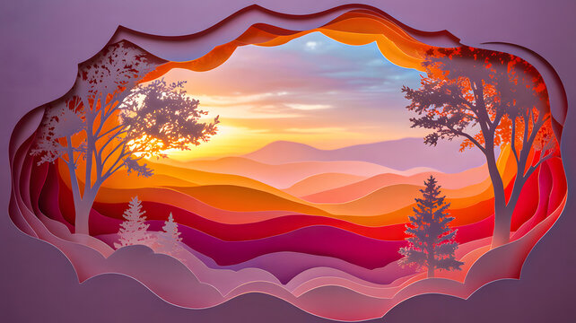 Colorful paper art landscape with trees and mountains at sunset

