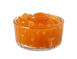 Orange fruit marmalade in glass bowl on transparent background