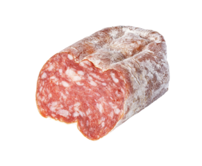 Salami sausage cut displaying cured meat on transparency
