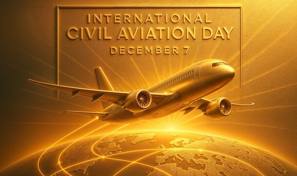International Civil Aviation Day – Golden Airplane Over Earth, Global Flight Connection Concept