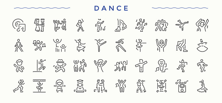 Dance icon set. Minimal icons set. Enjoy linear icon collection. Pictograms of joy, celebration, festival, party, happy and more.