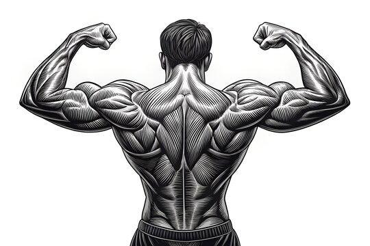 Muscular Male Torso Flexing Arms, Black and White Vector Illustration