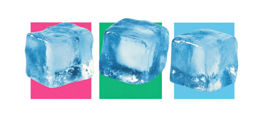 Fototapeta premium Artistic Collage of Three Colorful Ice Cubes Isolated on Transparent Background, png