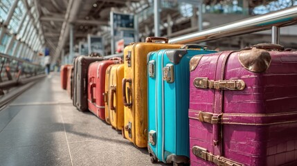 Colorful suitcases lined up in an airport terminal waiting for travelers at a busy travel hub during daytime