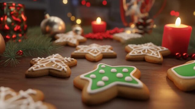 Close-up shot of festive gingerbread cookies, candles, and Christmas decorations.