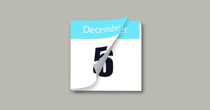 Calendar for December flips page in blue color with date. Date change of month animation on gray background. Date change animation. Close up of flipped calendar page change. 4k video graphic motion