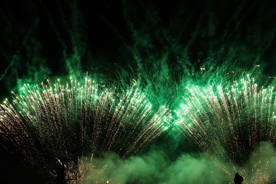 Bright Green Fireworks Exploding in the Night Sky - Powered by Adobe