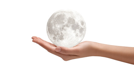 Hand Holding The Moon on White Background, Dream Concept