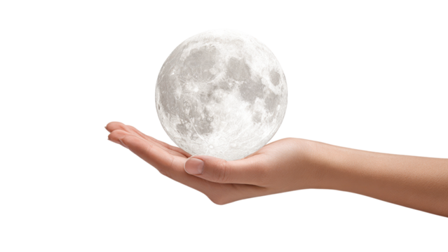 Hand Holding The Moon on White Background, Dream Concept