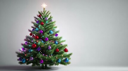 Decorated Christmas Tree with Star Topper on White Background