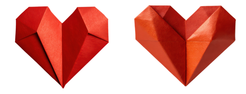 Two Stylish Red Origami Hearts with Unique Geometric Designs Isolate on Transparent Background, png